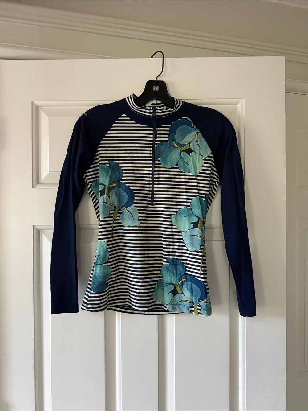 Tory Burch Navy and White Striped Zip Rash Guard with Blue Floral Accent
